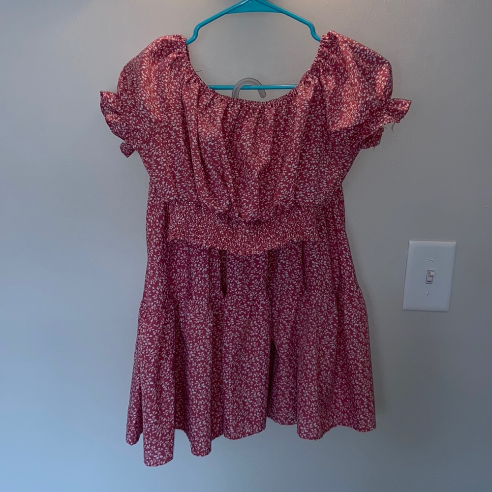 2 piece pink with white floral pattern skirt set, so cute, comfy, and flowy!